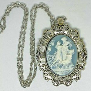 Renaissance Victorian blue Grecian Ladies Garden Cameo Silver Necklace Roman